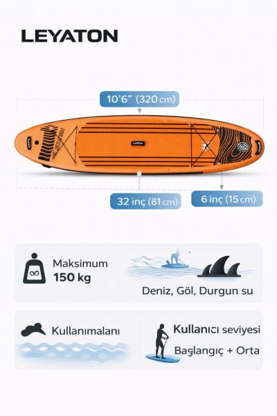 Stand Up Paddle Board 10.6 Inflatable - 320 X 82 X 15cm - Kürek Sörfü (ŞİŞME) Full Paket AS1